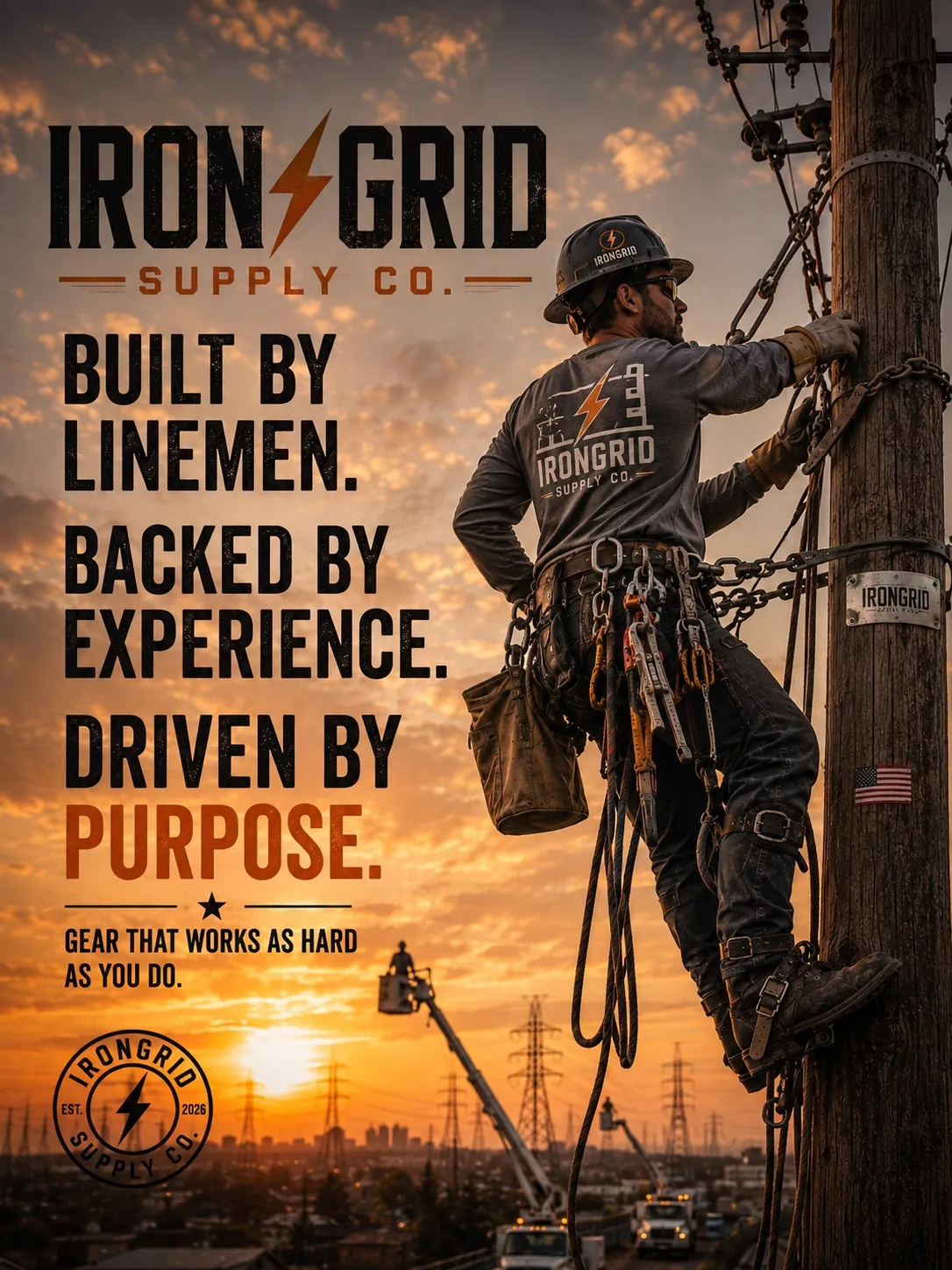 Lineman climbing a utility pole at sunset with transmission towers and city skyline in background