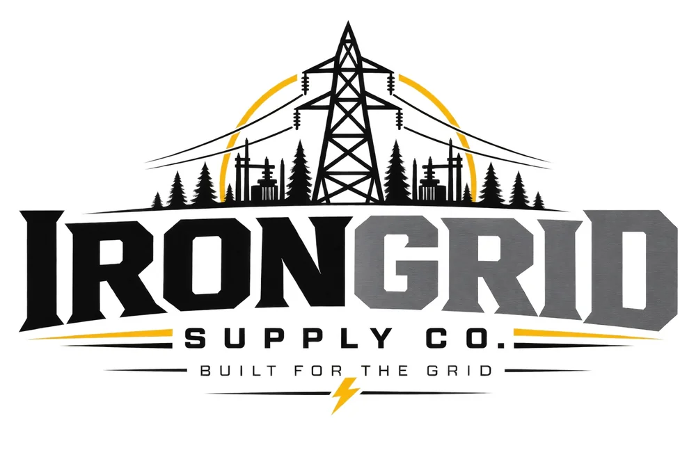 IronGrid Supply Co. logo featuring transmission tower silhouette with tagline Built for the Grid