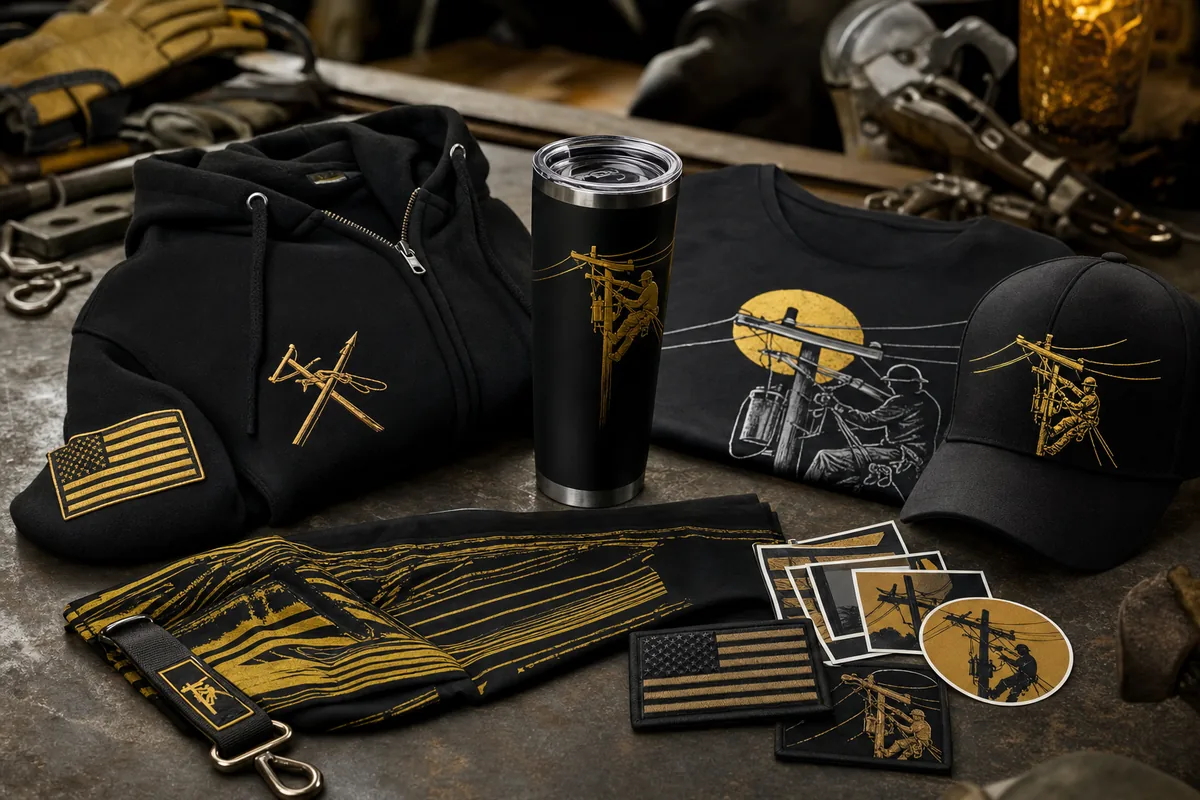 Arranged merch kit with apparel, patches, stickers, and drinkware