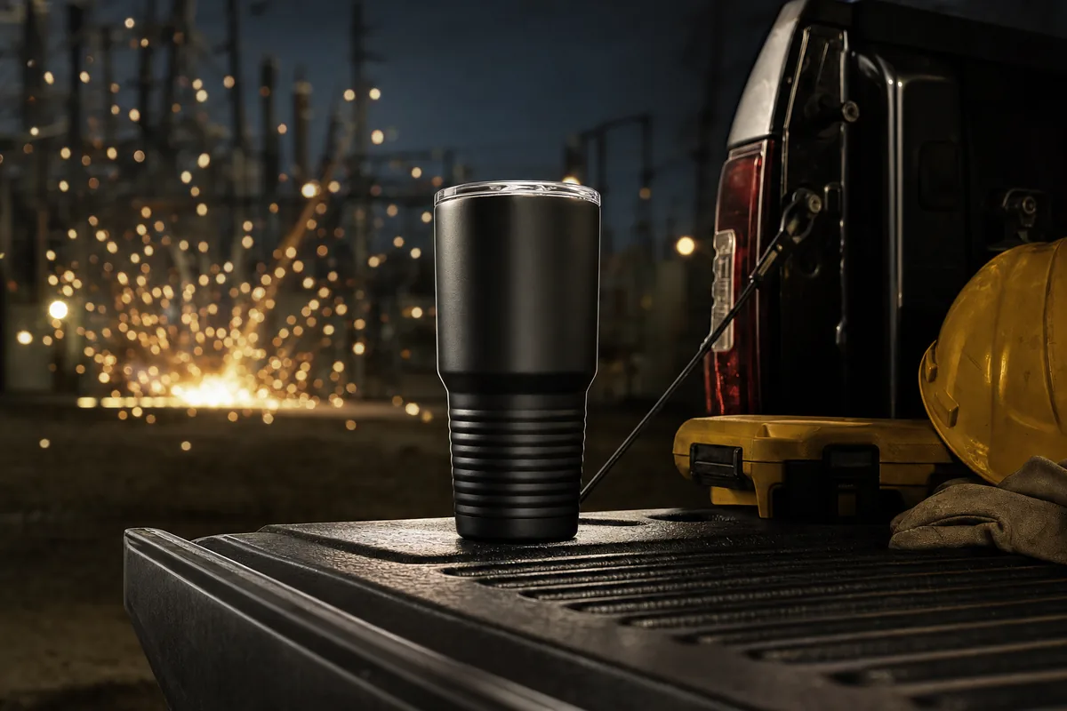 Matte black insulated tumbler on utility truck tailgate