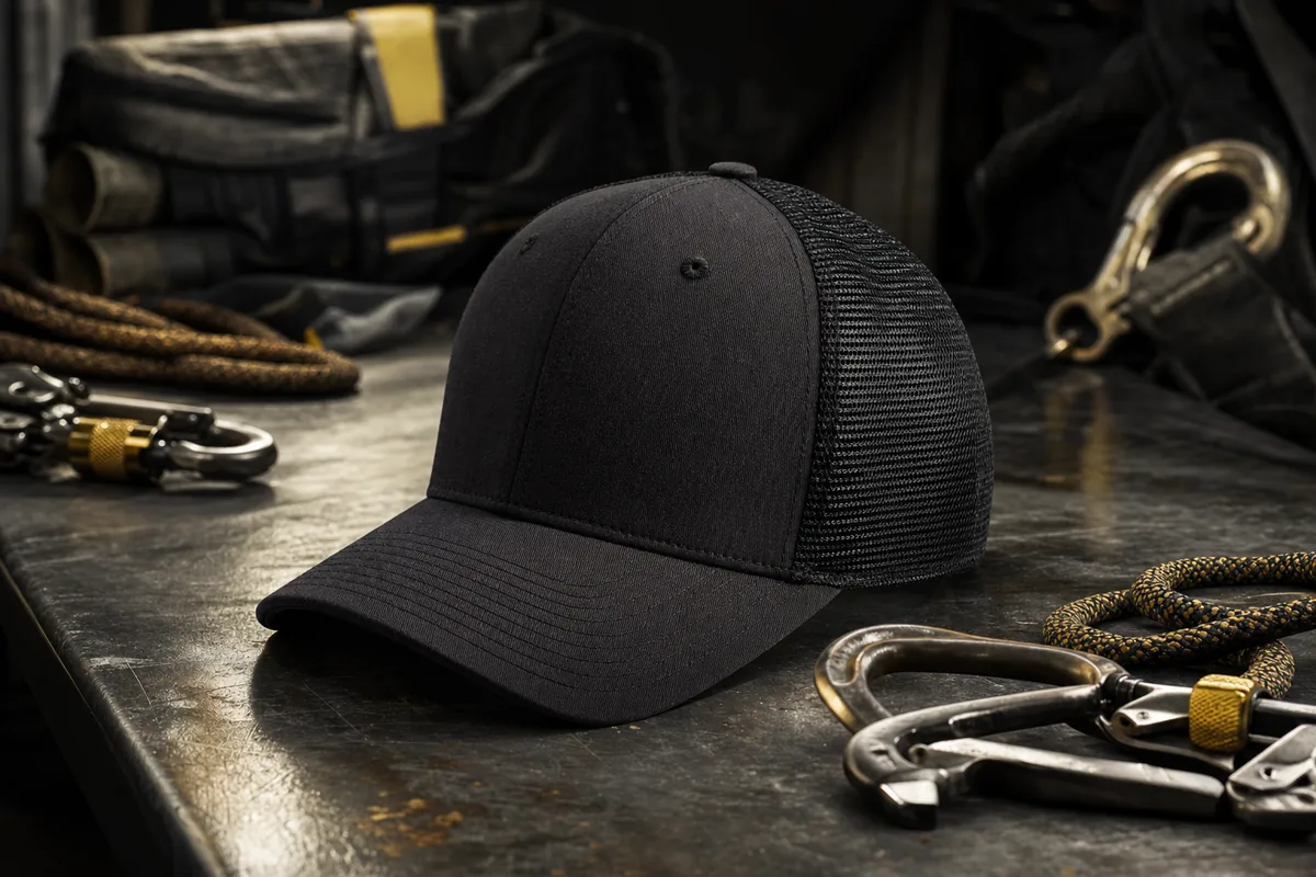 Black trucker hat on workbench with climbing gear