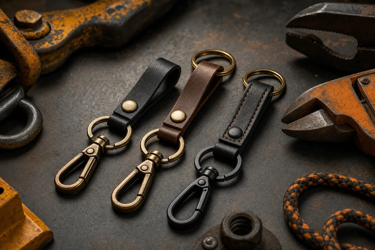 Metal and leather key chains with carabiners and tools