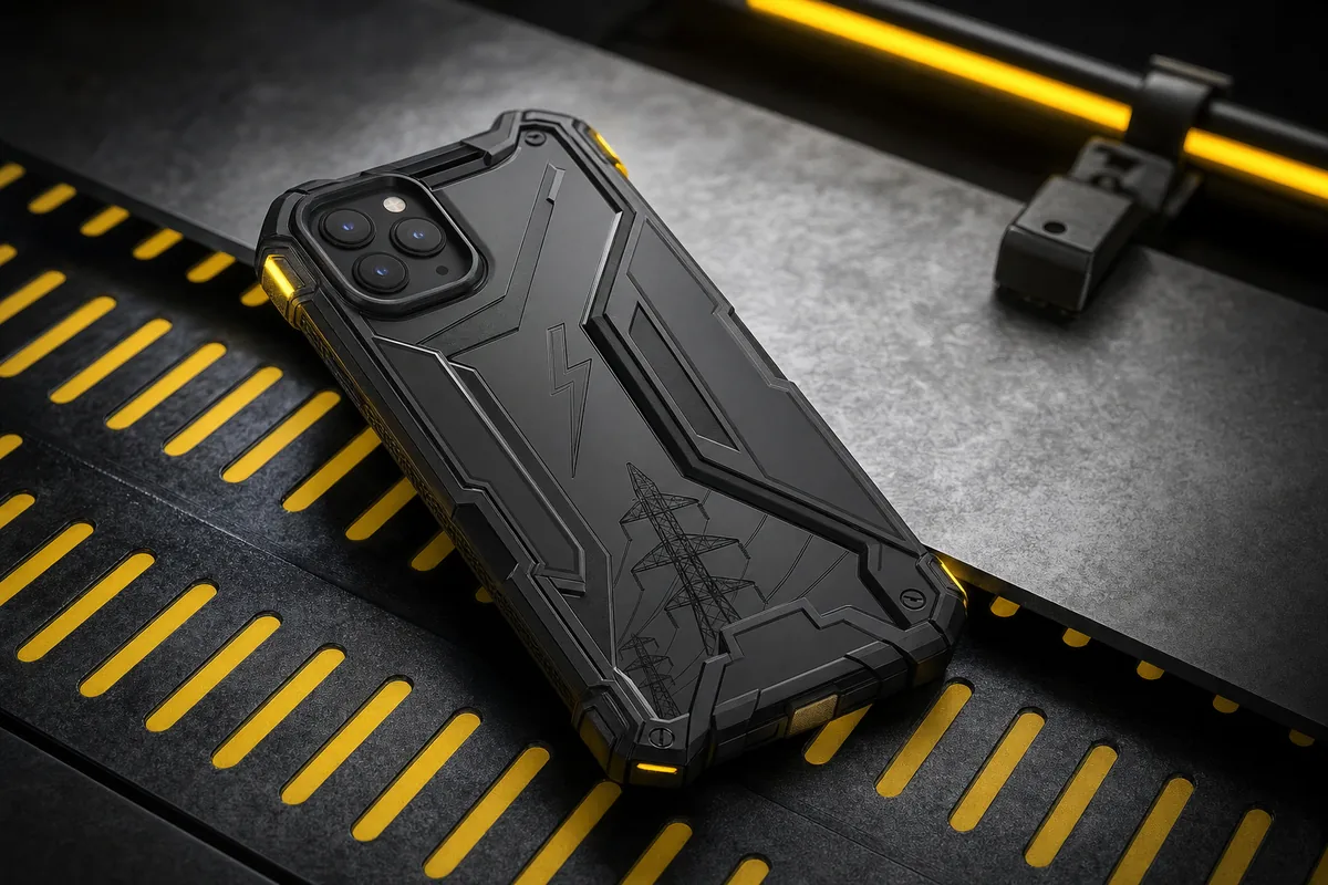 Rugged black phone case with lightning bolt and power grid motif
