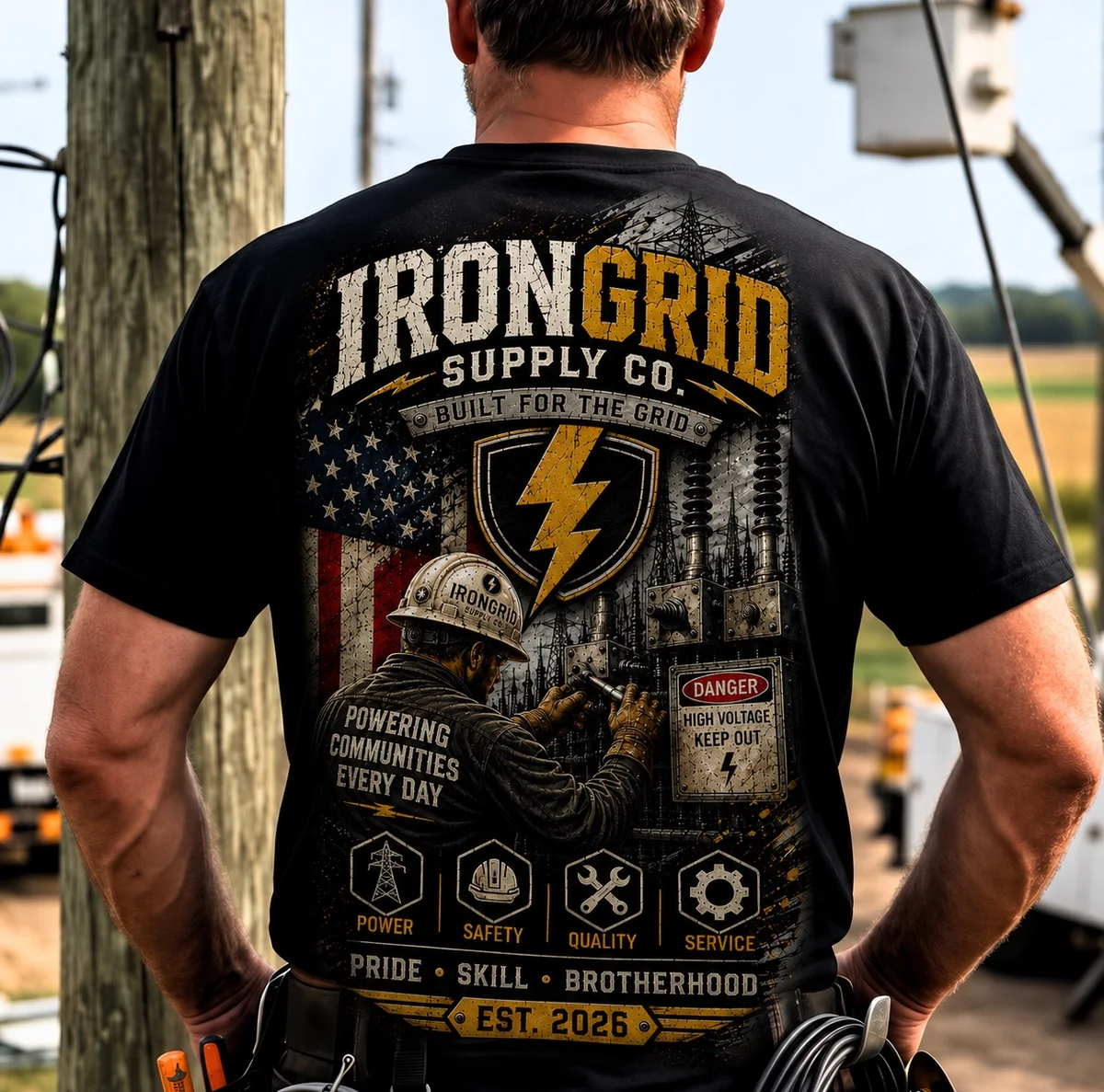 Black t-shirt with IronGrid Supply Co. back graphic featuring substation mechanic, American flag, and PRIDE SKILL BROTHERHOOD motto